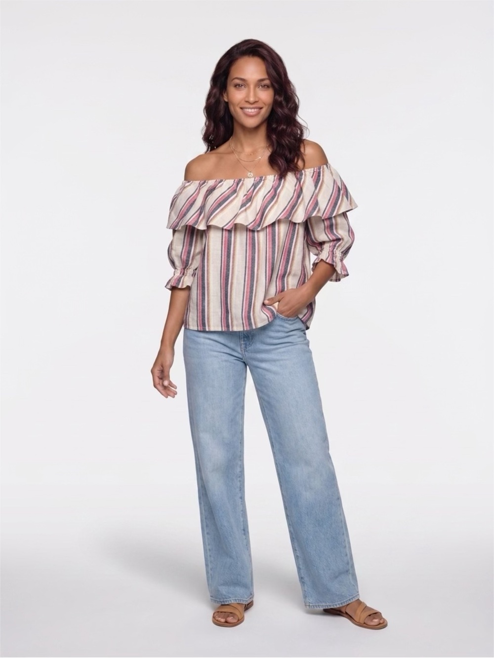 Trina Turk Striped Cream,Red, Blue Off the Shoulder Top